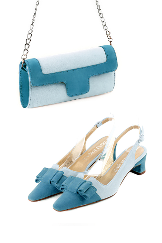 Women's sky blue and peacock blue luxurious elegant clutch for ceremonies, weddings and evenings out. - Worn view
